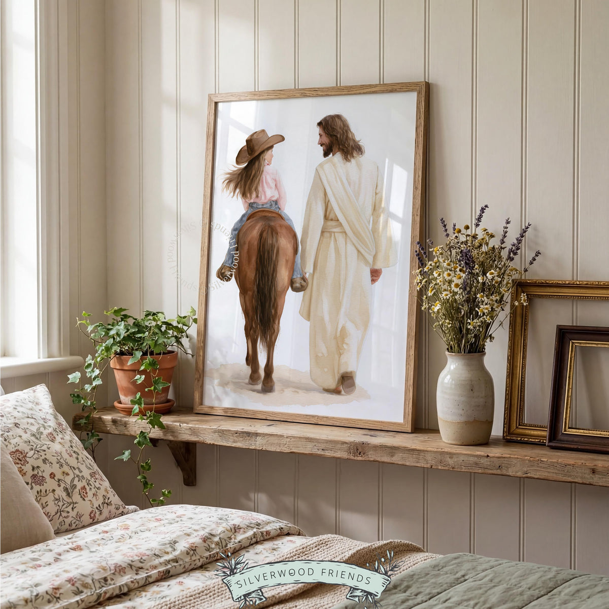 Horseback child and holy figure gallery wall art for bedroom — peaceful ranch-inspired artwork with warm watercolor style