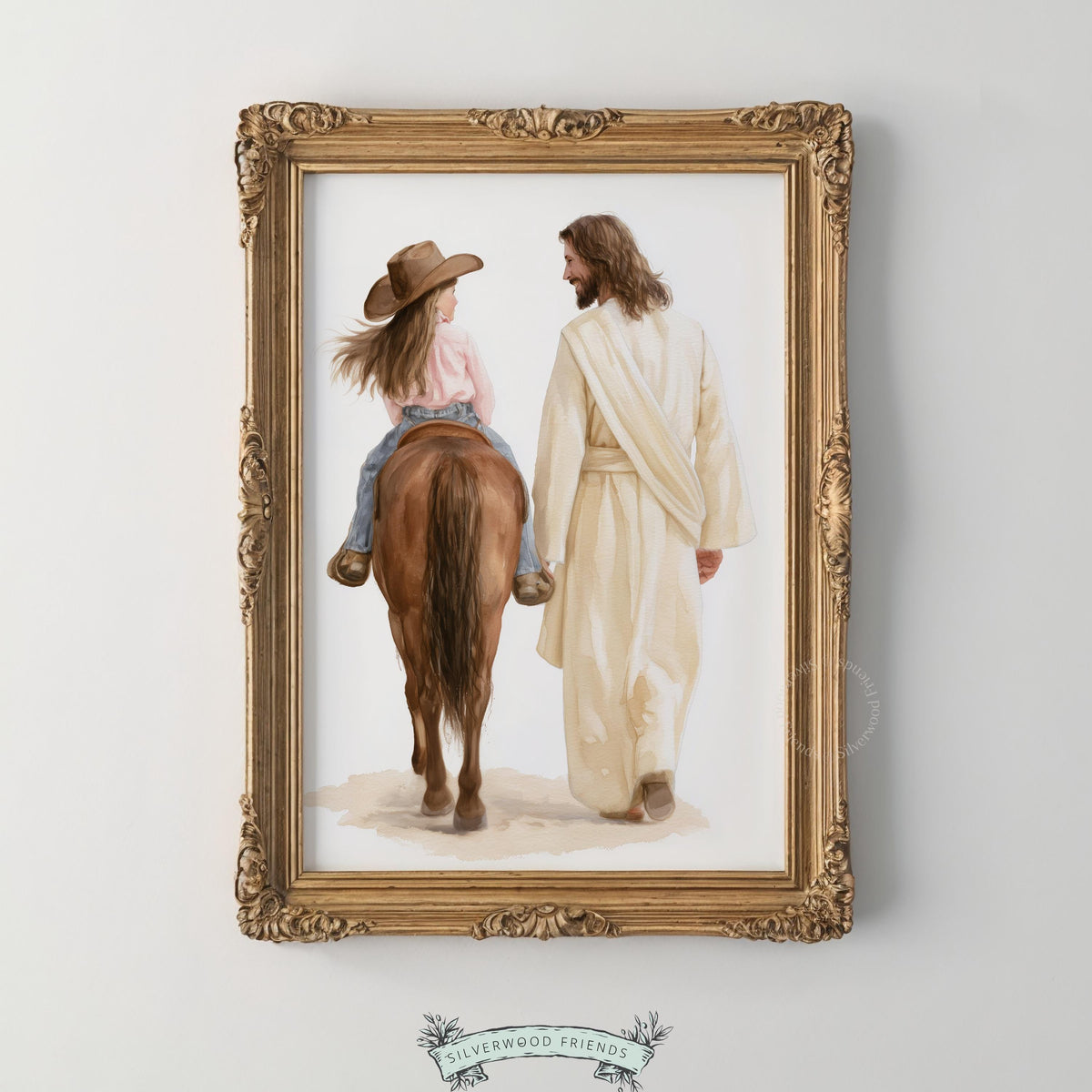 Child riding horse beside robed spiritual guide digital print for bedroom — peaceful faith-based wall art in warm tones