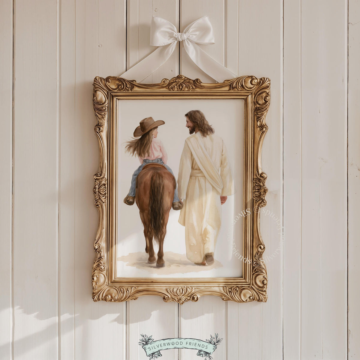Girl and horse with robed spiritual figure digital artwork for nursery — warm faith-inspired western wall decor