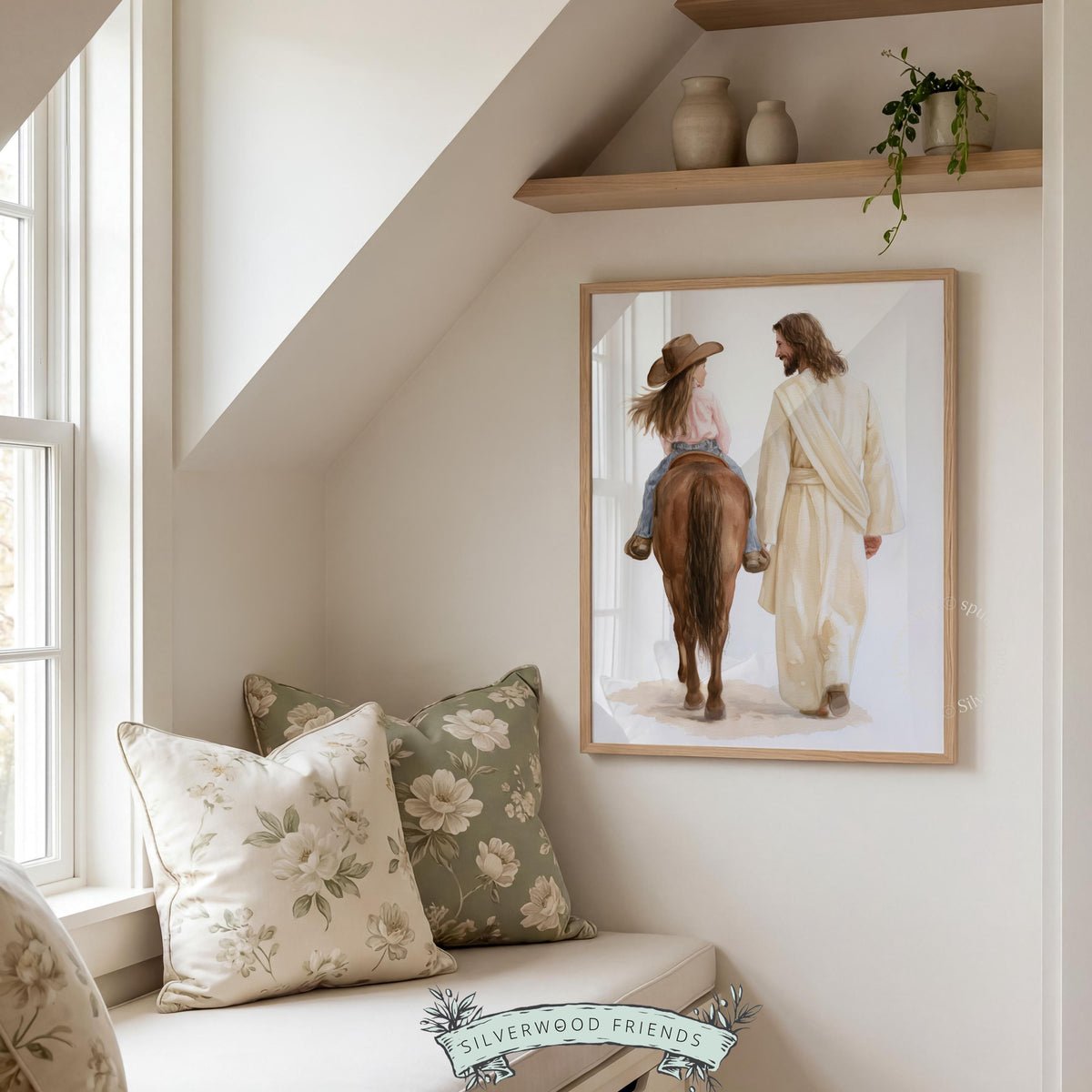 Young girl on horseback with religious figure printable art for nursery — faithful farmhouse wall decor with soft watercolor