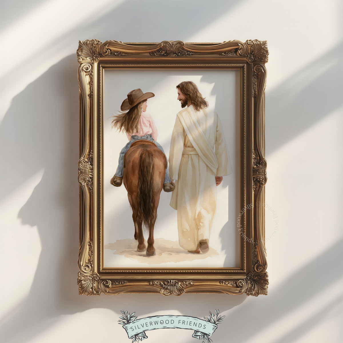 Young girl horseback riding with robed figure wall art — inspirational faith-centered printable for country home