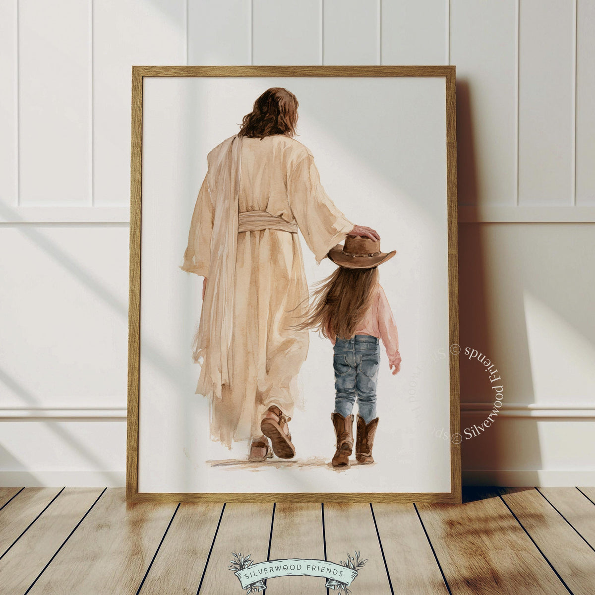 Protected journey printable art for little cowgirl room — intimate watercolor of child and spiritual mentor