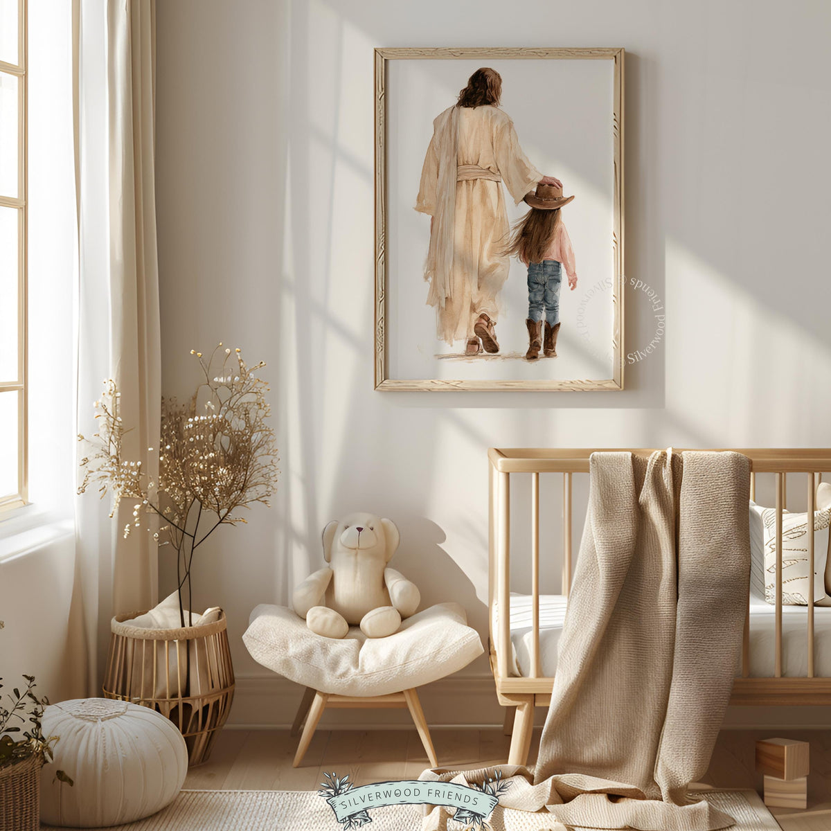 Child in cowboy hat walking with spiritual figure digital print — tender religious wall art for kids' room