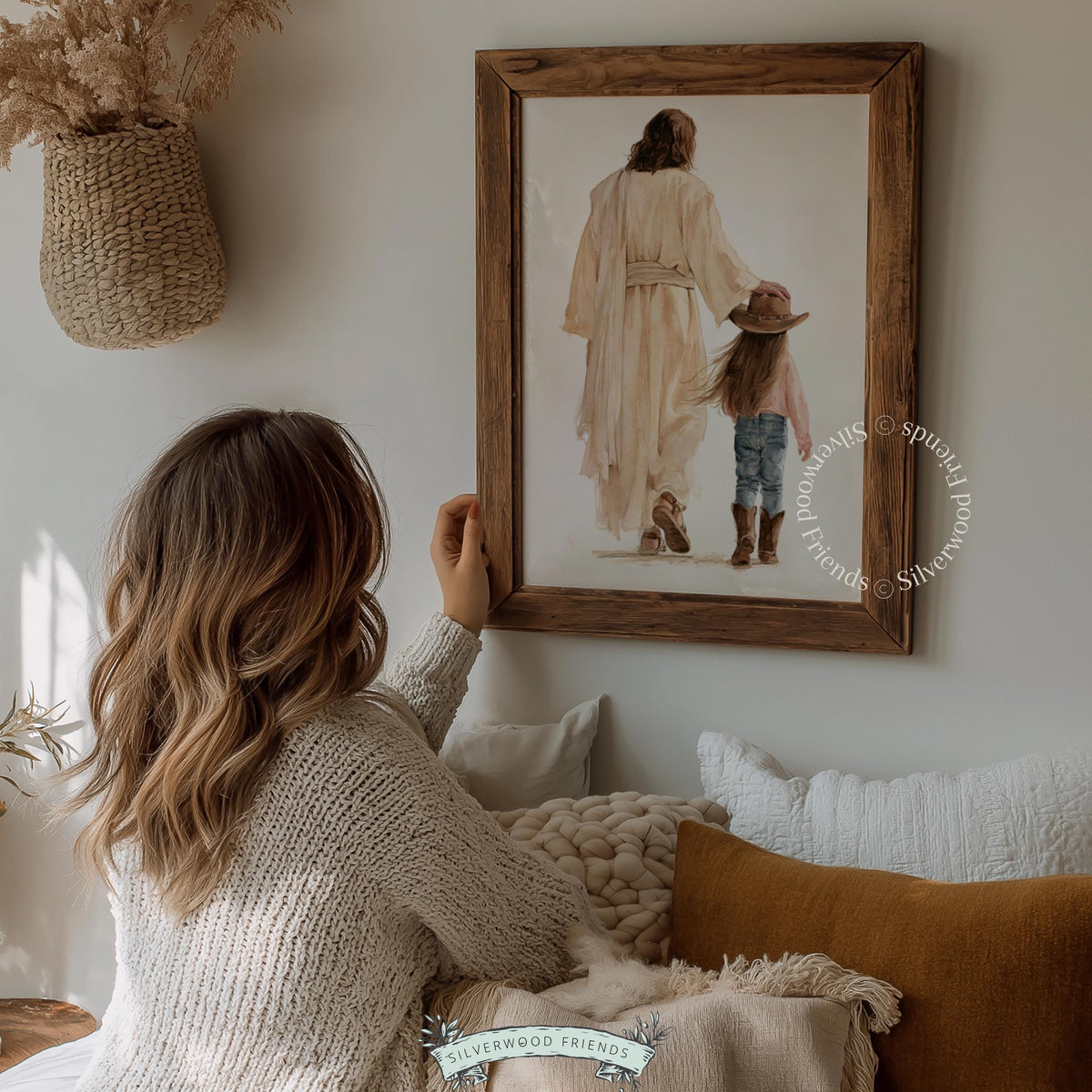 Jesus and little girl walking hand-in-hand poster — watercolor faith art for nursery with warm neutral tones