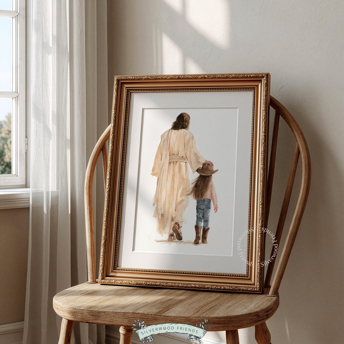 Tender moment digital art for ranch kid's room — girl in hat holding hands with spiritual figure, warm palette
