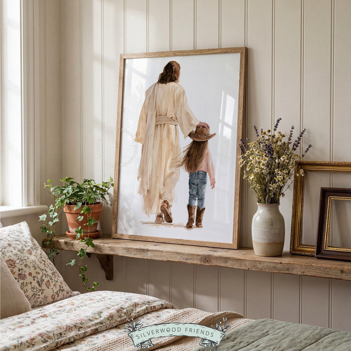 Western girl with Jesus wall art for ranch bedroom — intimate faith illustration in gentle warm tones