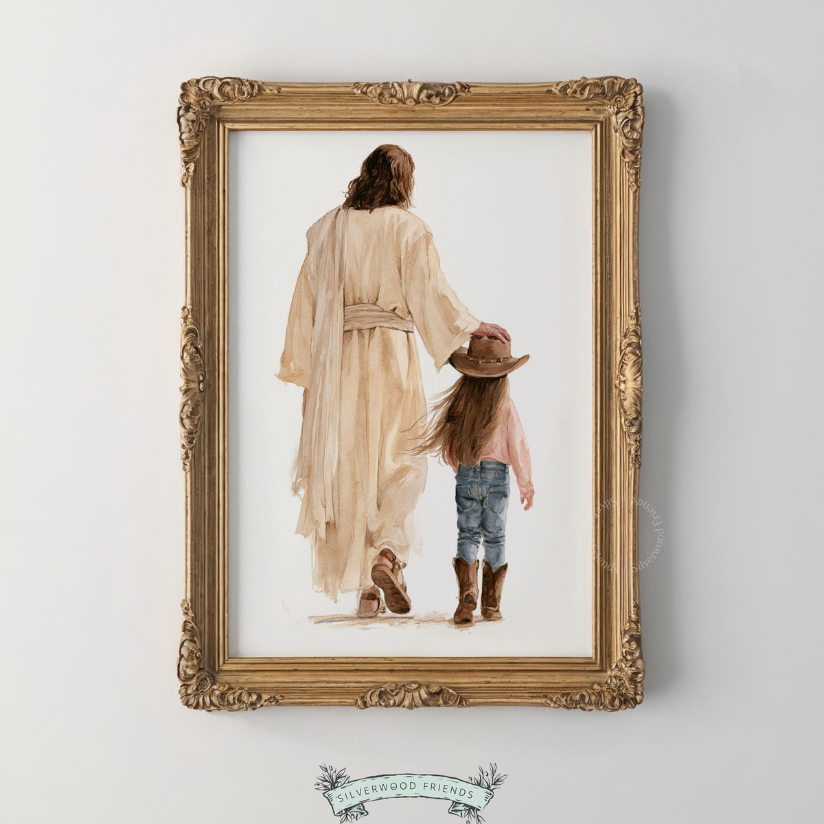 Spiritual companionship poster for Christian bedroom — girl and religious figure walking together, beige tones