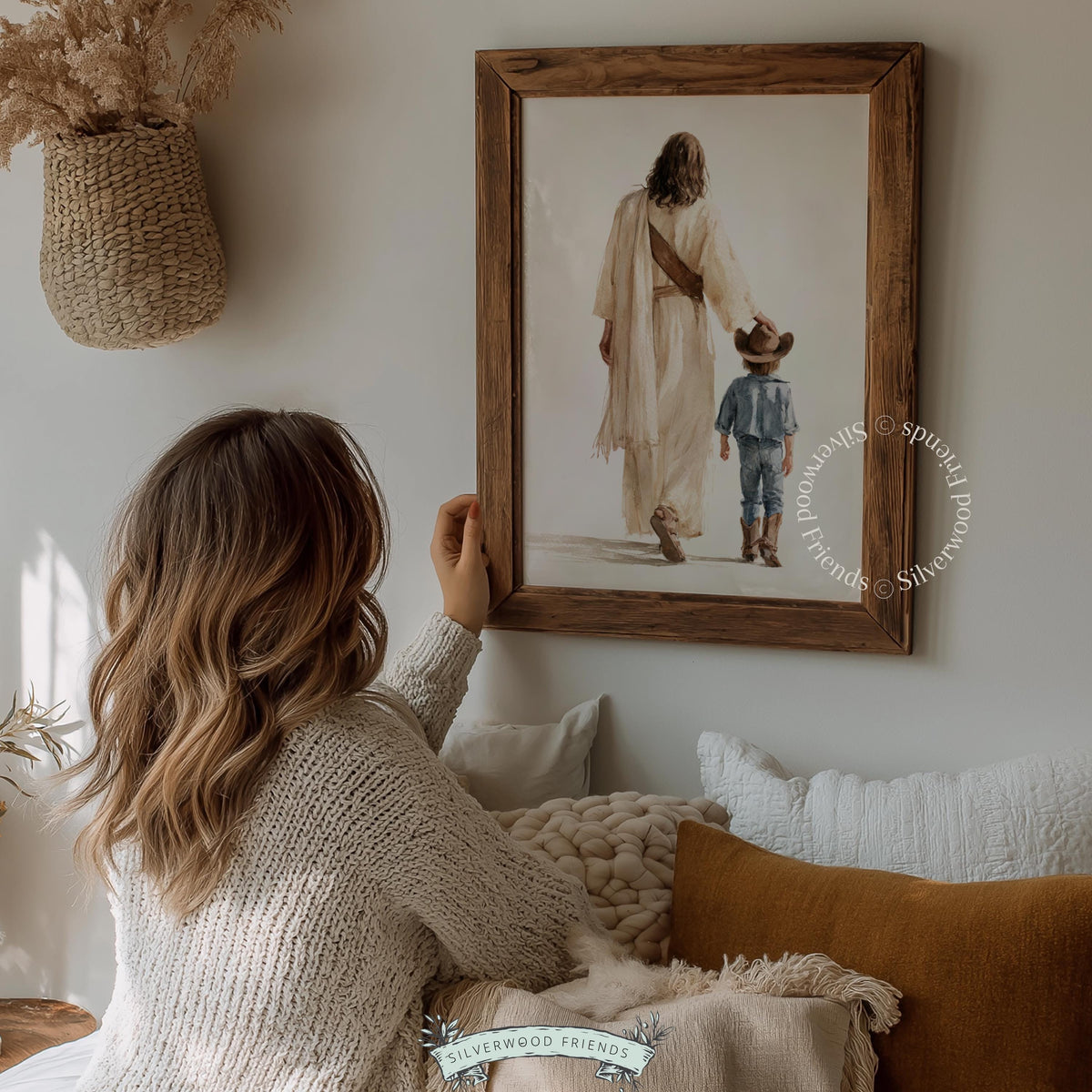 Gentle hand on cowboy hat wall art for Christian nursery — warm, cozy spiritual painting with loose brushwork