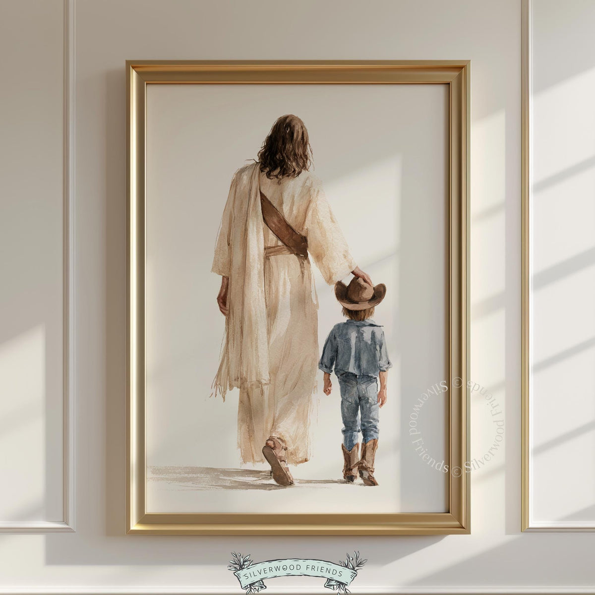 Cowboy boots and robed figure digital art for nursery — warm faith-based scene with soft, airy brushstrokes