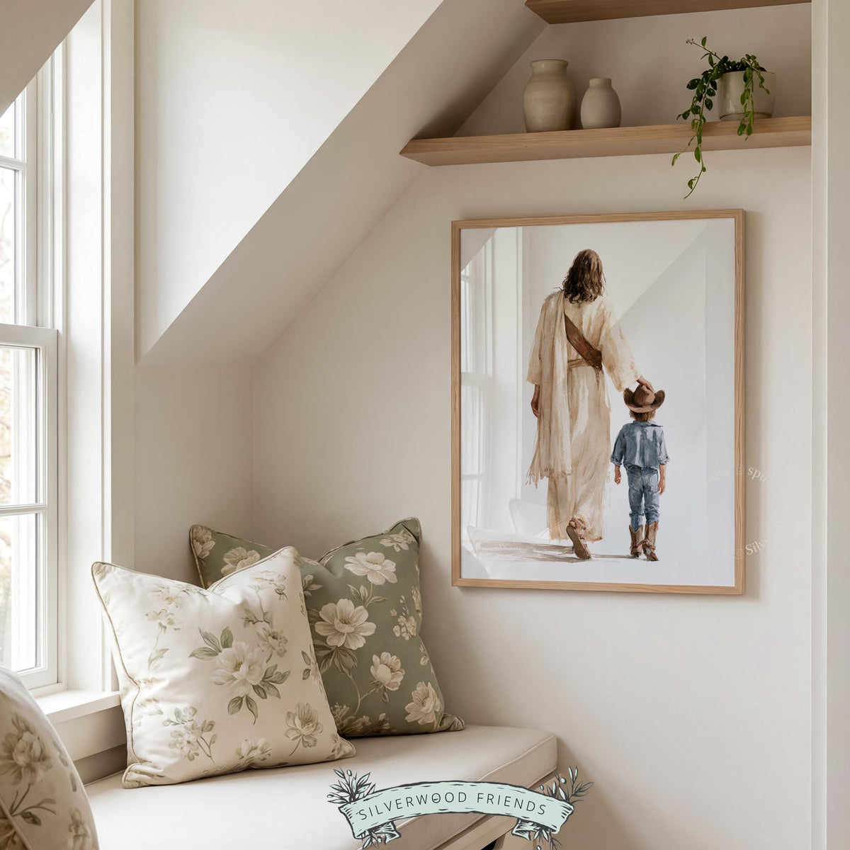 Young boy and guide printable illustration for western nursery — cream-toned watercolor with heartfelt spiritual theme