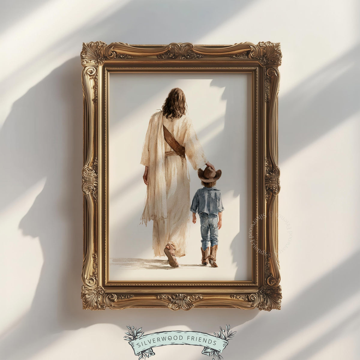 Young cowboy with guide printable wall art for kids — soft palette loose brushwork faith-inspired illustration