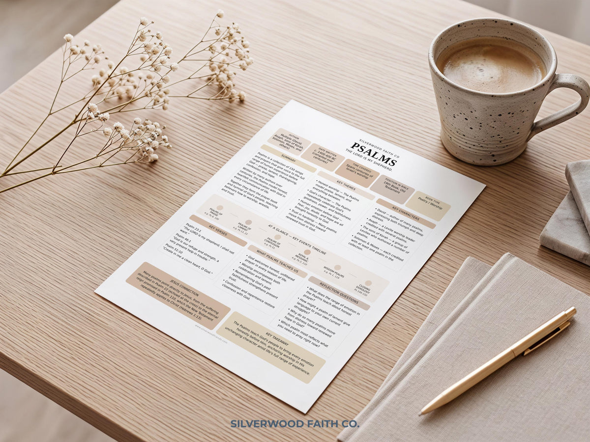 Cozy cottagecore Bible journaling picture printable — Psalms key themes and verse reference guide with elegant structured format