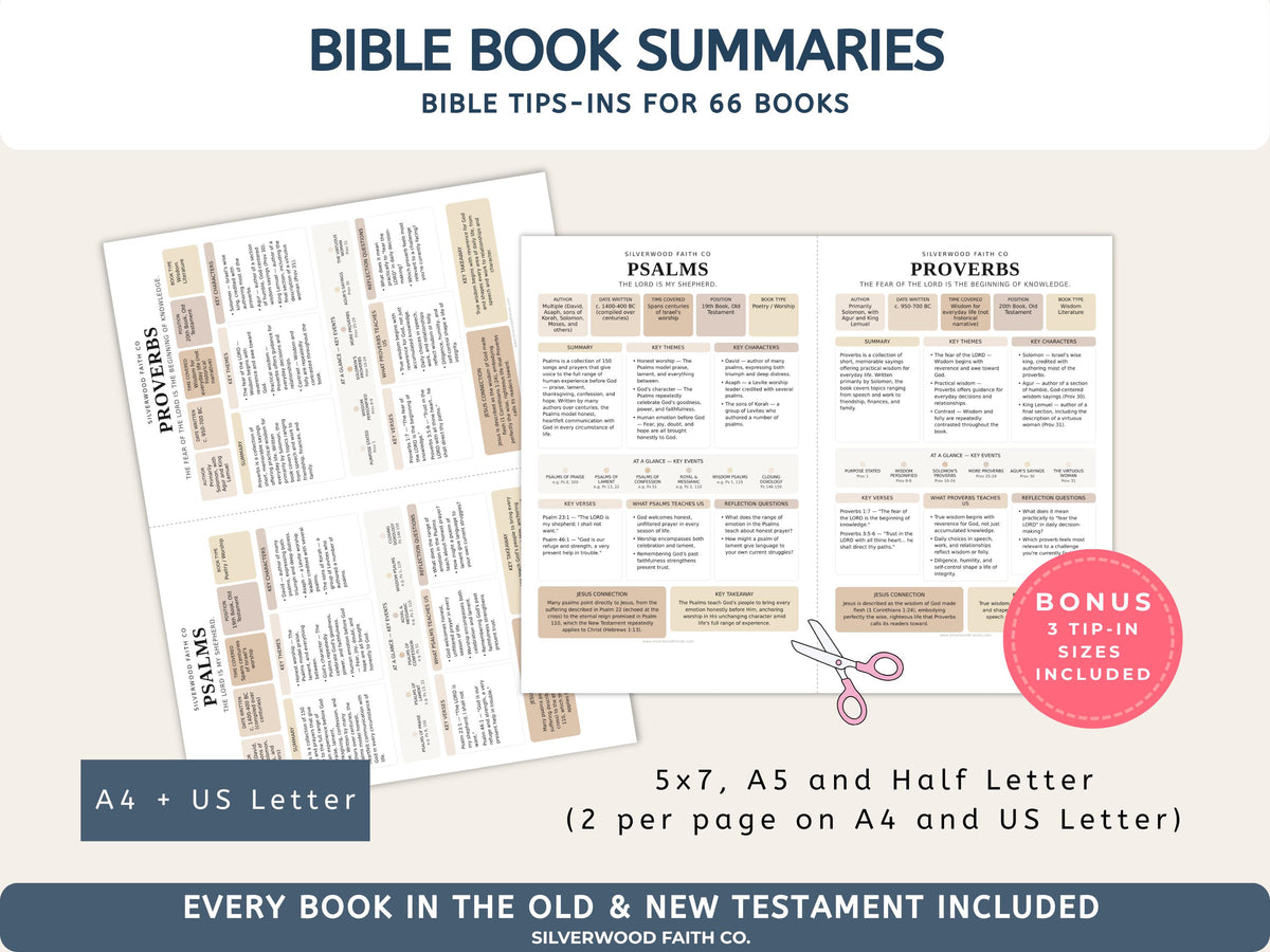 Bible Study Inserts: Tips Ins All 66 Books, Bible Study Guide, Bible Book Summaries, Printable PDF, CASHMERE (Digital Download) 514