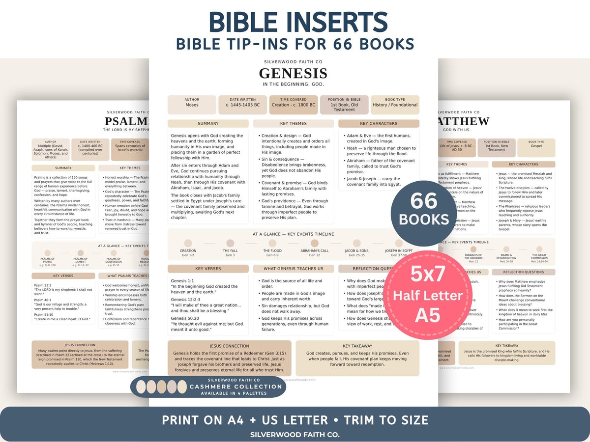 Bible Study Inserts: Tips Ins All 66 Books, Bible Study Guide, Bible Book Summaries, Printable PDF, CASHMERE (Digital Download) 514