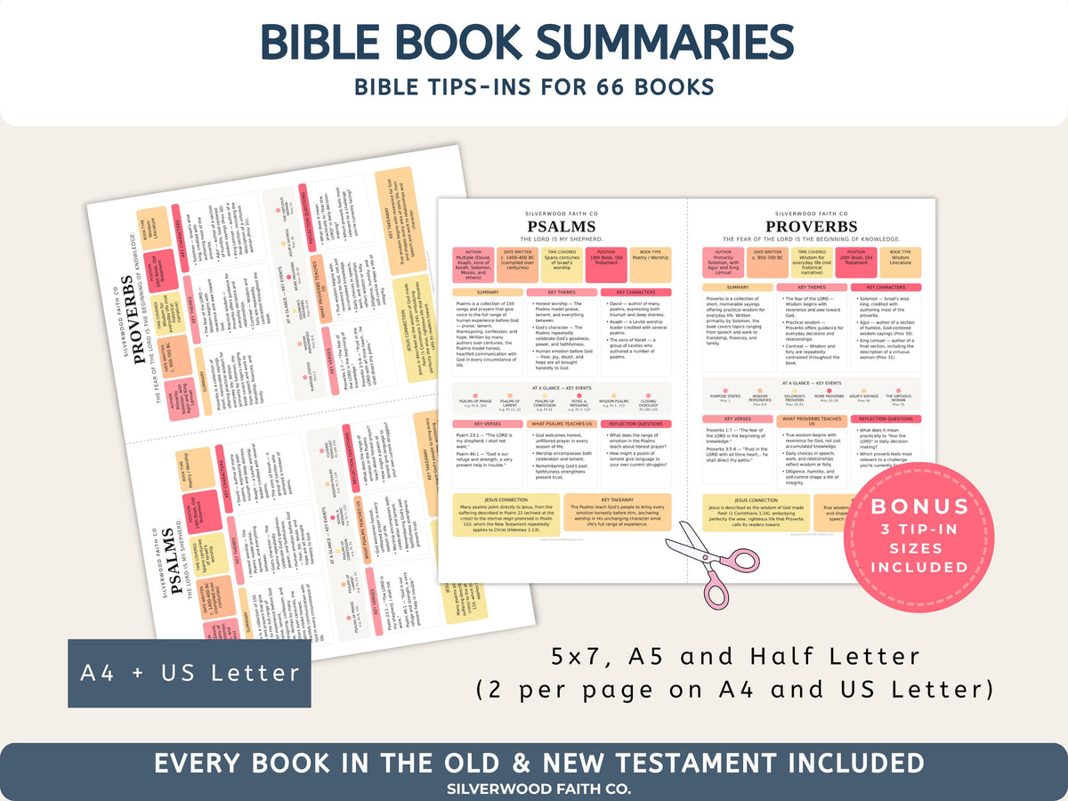 Bible Study Inserts: Tips Ins All 66 Books, Bible Study Guide, Bible Book Summaries, Printable PDF, PINK MEADOW (Digital Download) 513