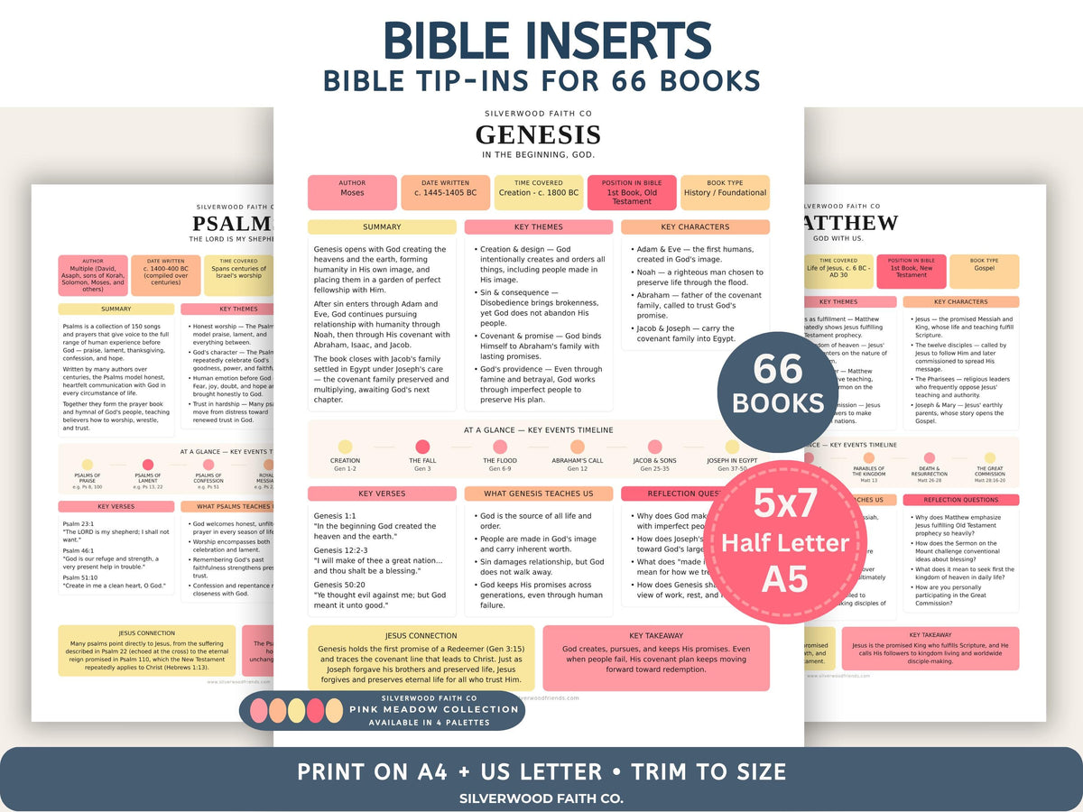 Bible Study Inserts: Tips Ins All 66 Books, Bible Study Guide, Bible Book Summaries, Printable PDF, PINK MEADOW (Digital Download) 513