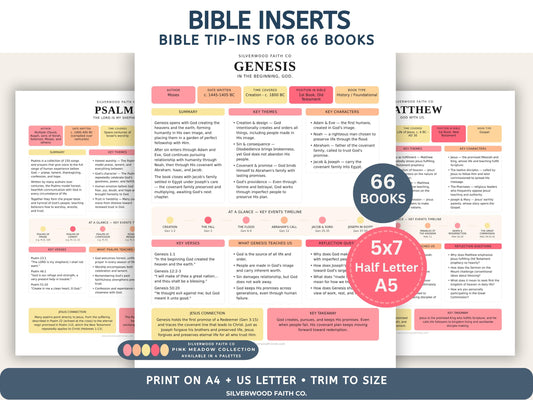 Bible Study Inserts: Tips Ins All 66 Books, Bible Study Guide, Bible Book Summaries, Printable PDF, PINK MEADOW (Digital Download) 513