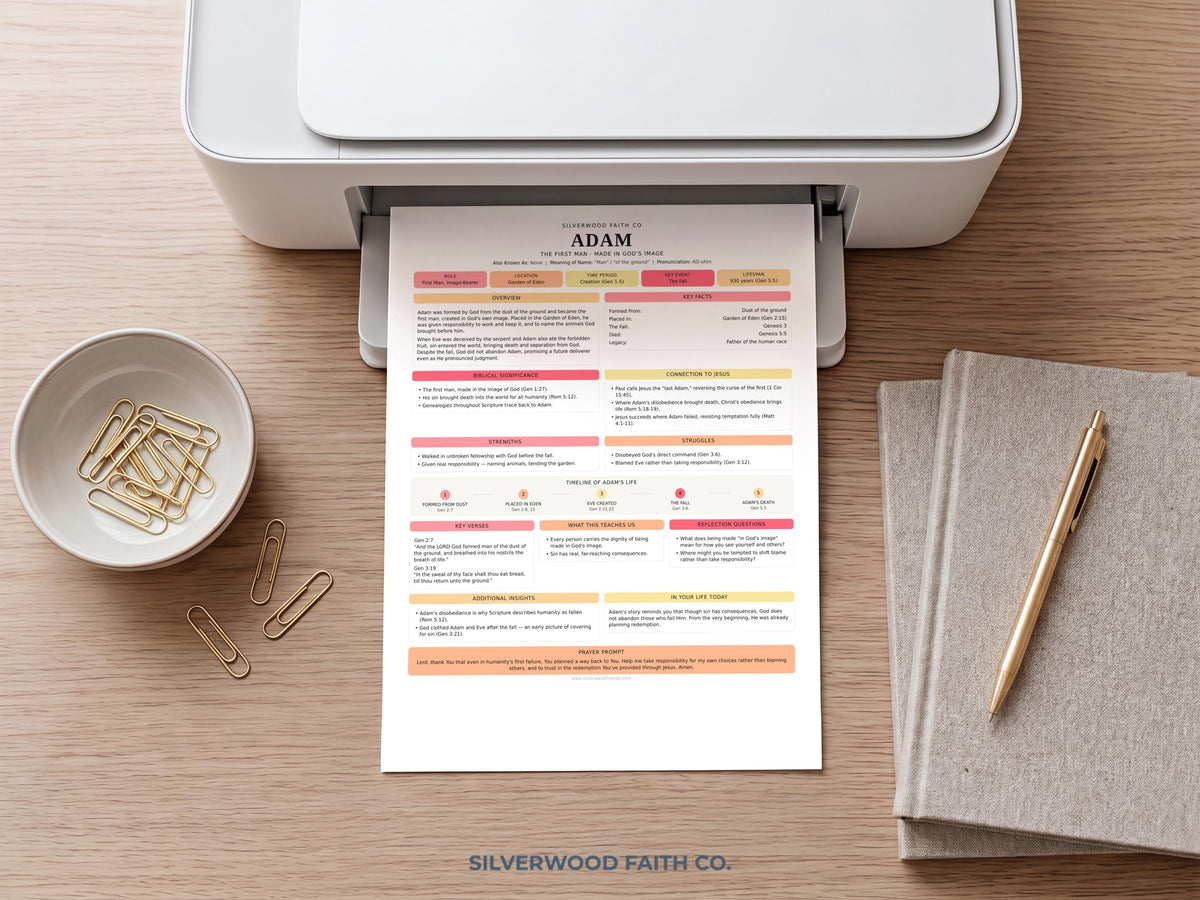 Religious education worksheet picture — comprehensive Adam summary with family tree and timeline sections