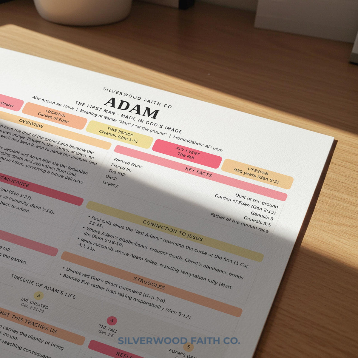 Women and men of faith digital download — Adam biography reference sheet in warm peachy tones for study