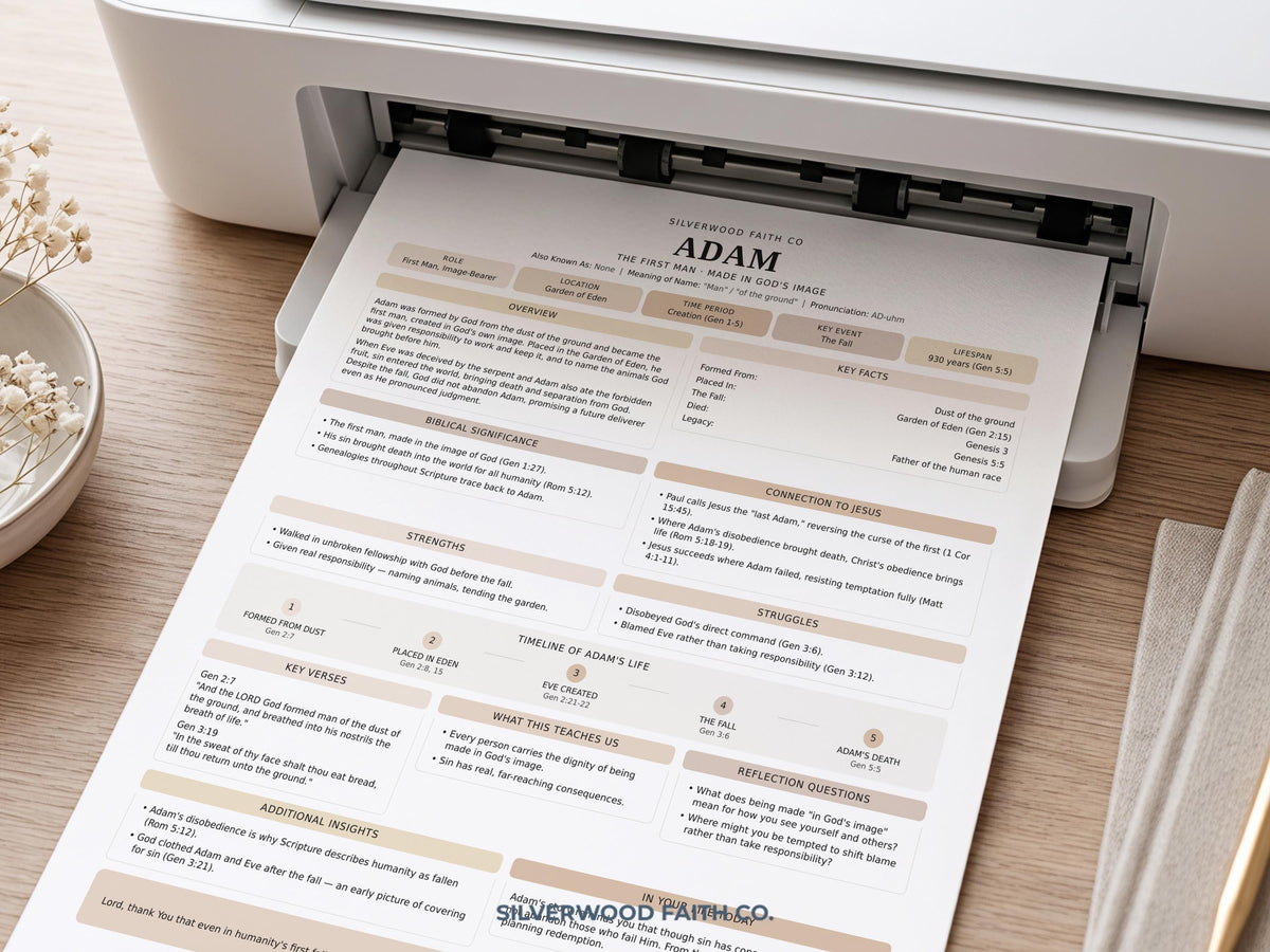 Bible study guide printable featuring Adam digital download — cozy beige layout with structured text blocks ideal for quiet time routine