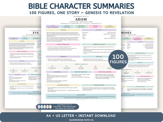 Bible Character Study: Summaries for 100 Biblical Figures, PDF Printable, PASTEL (Digital Download) 517