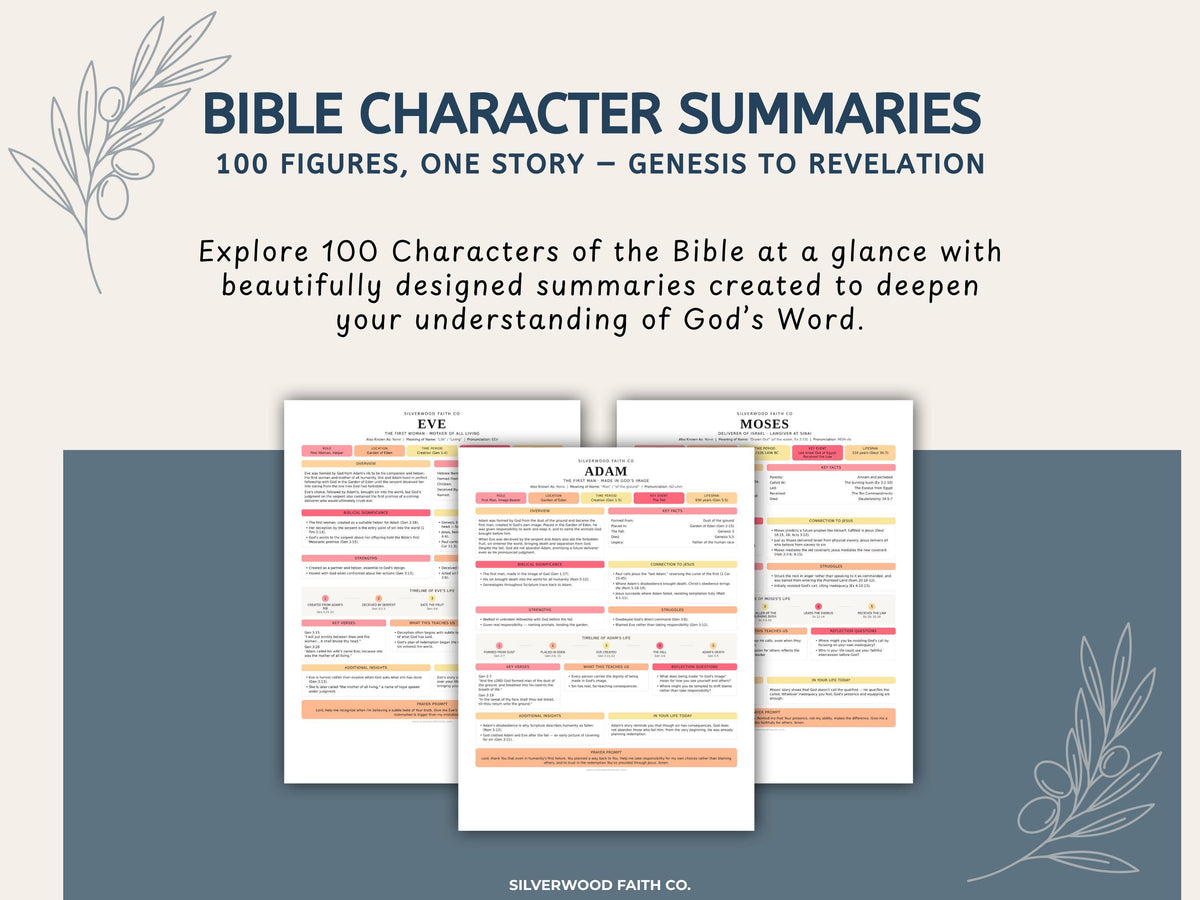Bible Character Study: Summaries for 100 Biblical Figures, PDF Printable, PINK MEADOW (Digital Download) 518