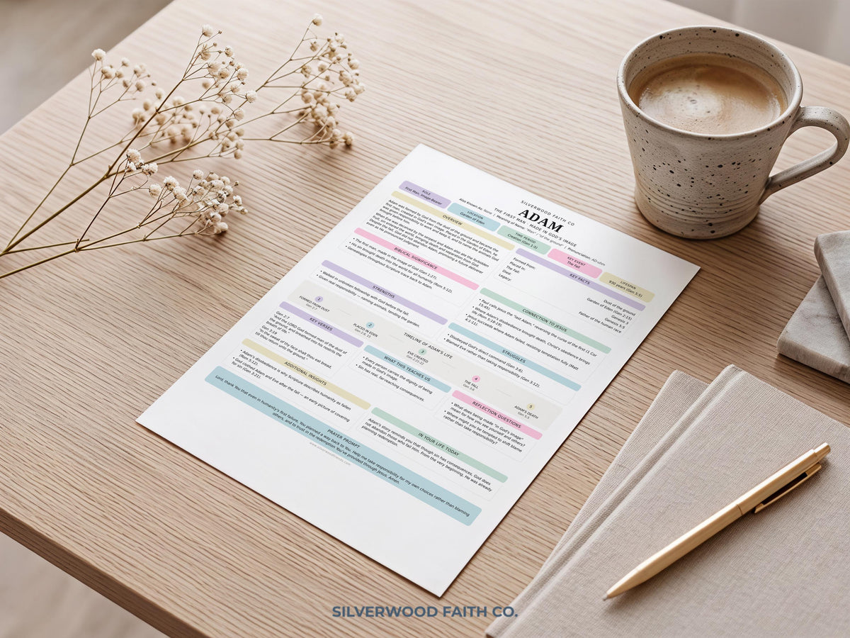Scripture study printable featuring Adam's biblical narrative with tranquil pastel palette and organized sections for Christian learning spaces