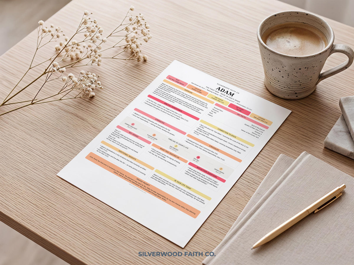 Bible tip-in summary digital print for women—Adam's story organized by key facts, timeline, and spiritual takeaways