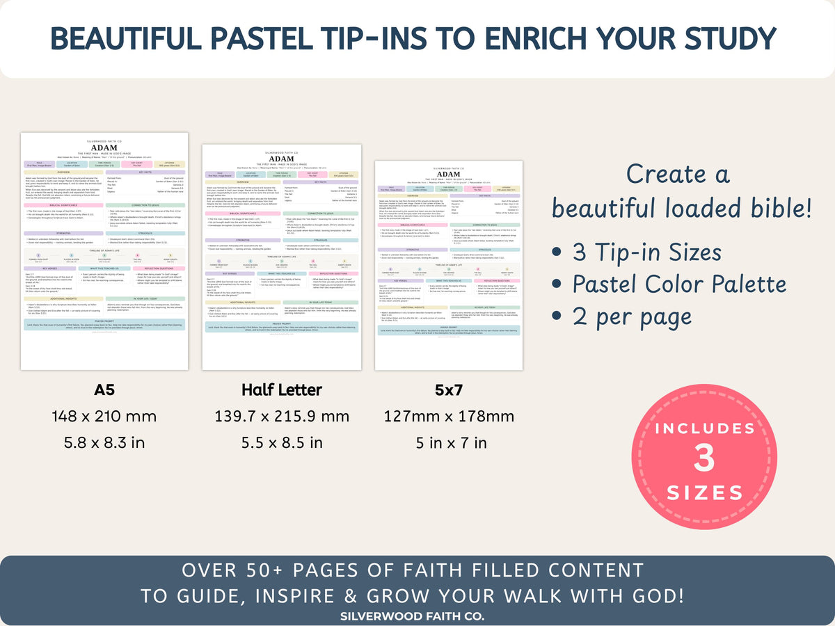 Bible Character Study Inserts: Tip Ins Summaries for 100 Biblical Figures, PDF Printable, PASTEL (Digital Download) 517