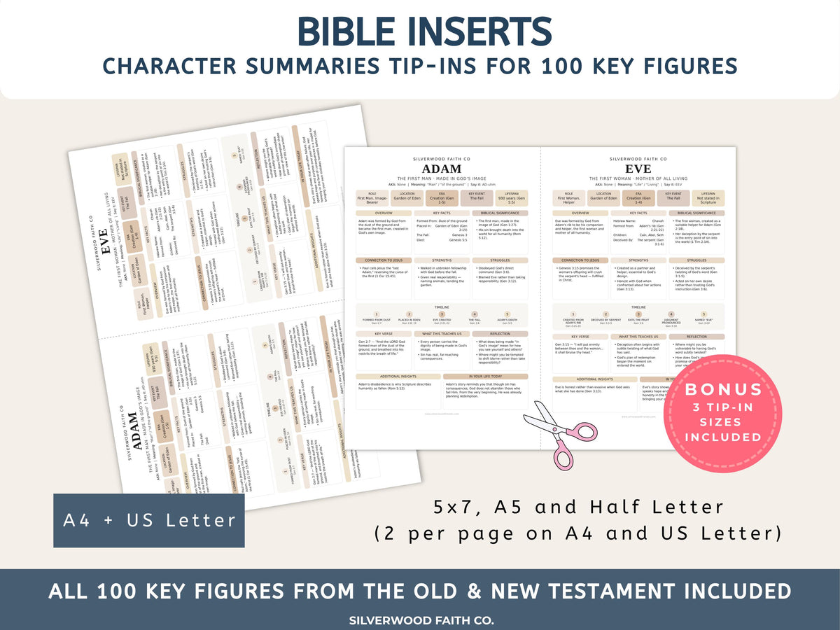 Bible Character Study Inserts: Tip Ins Summaries for 100 Biblical Figures, PDF Printable, CASHMERE (Digital Download) 516