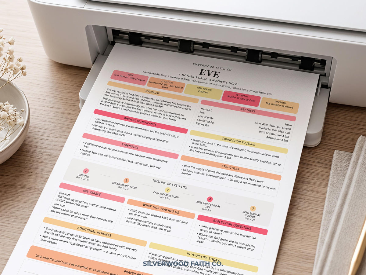 Eve Bible study printable art featuring organized worksheet sections in soft blush, mustard, and coral tones for faith-based devotional use