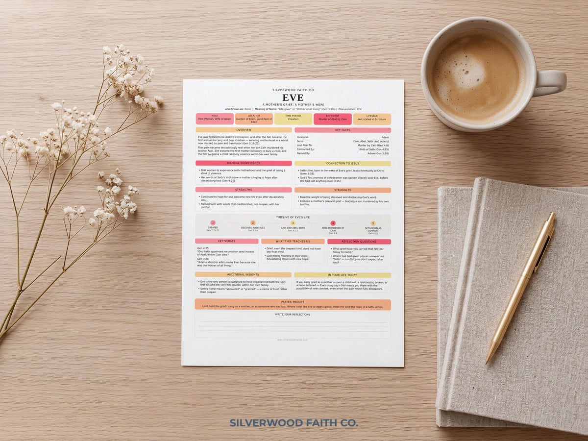 Scripture journaling printable design showcasing Eve's story with fill-in areas and cozy feminine color palette for den