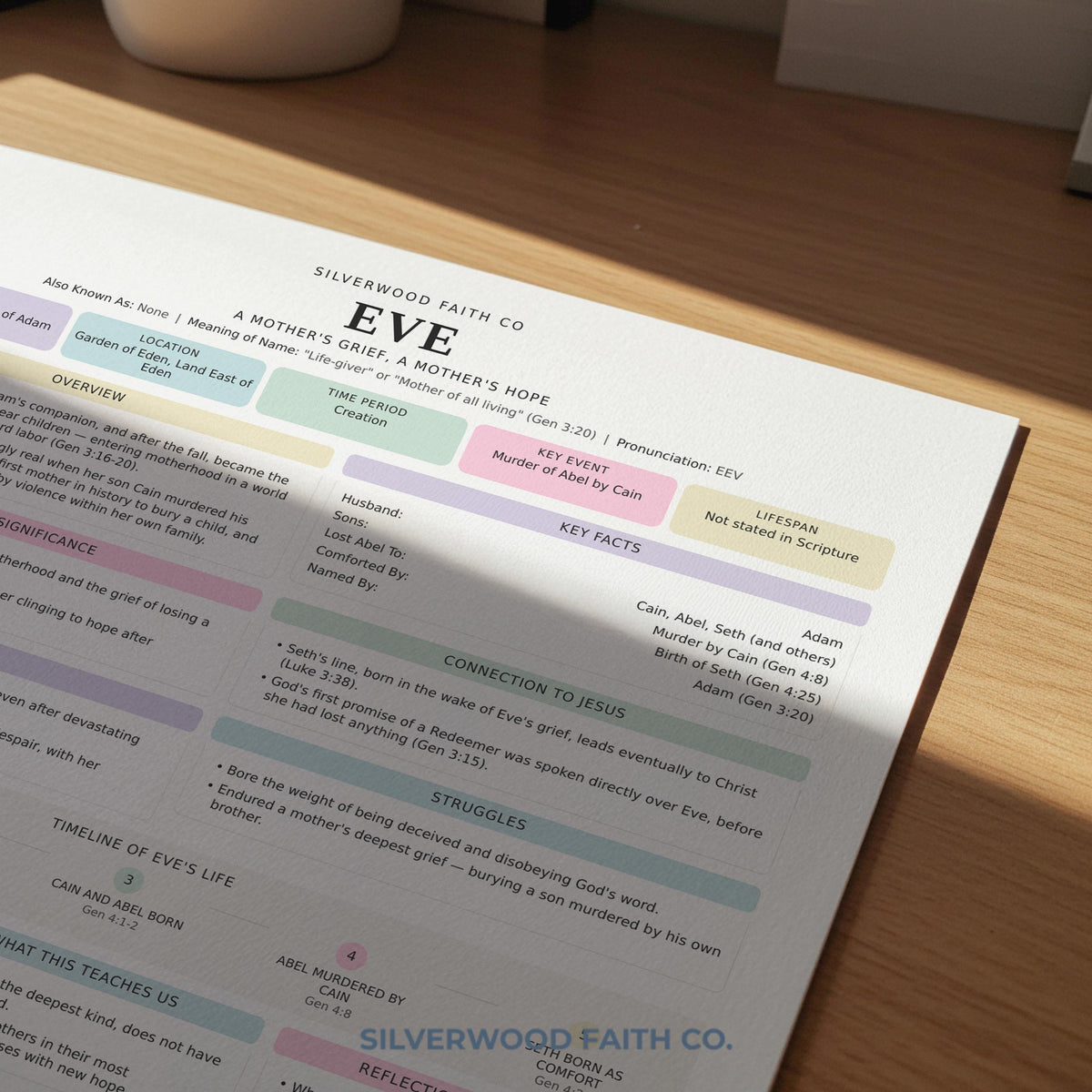Bible workbook page wall decor featuring Eve character study — serene pastel digital print with organized blocks for group study and notes