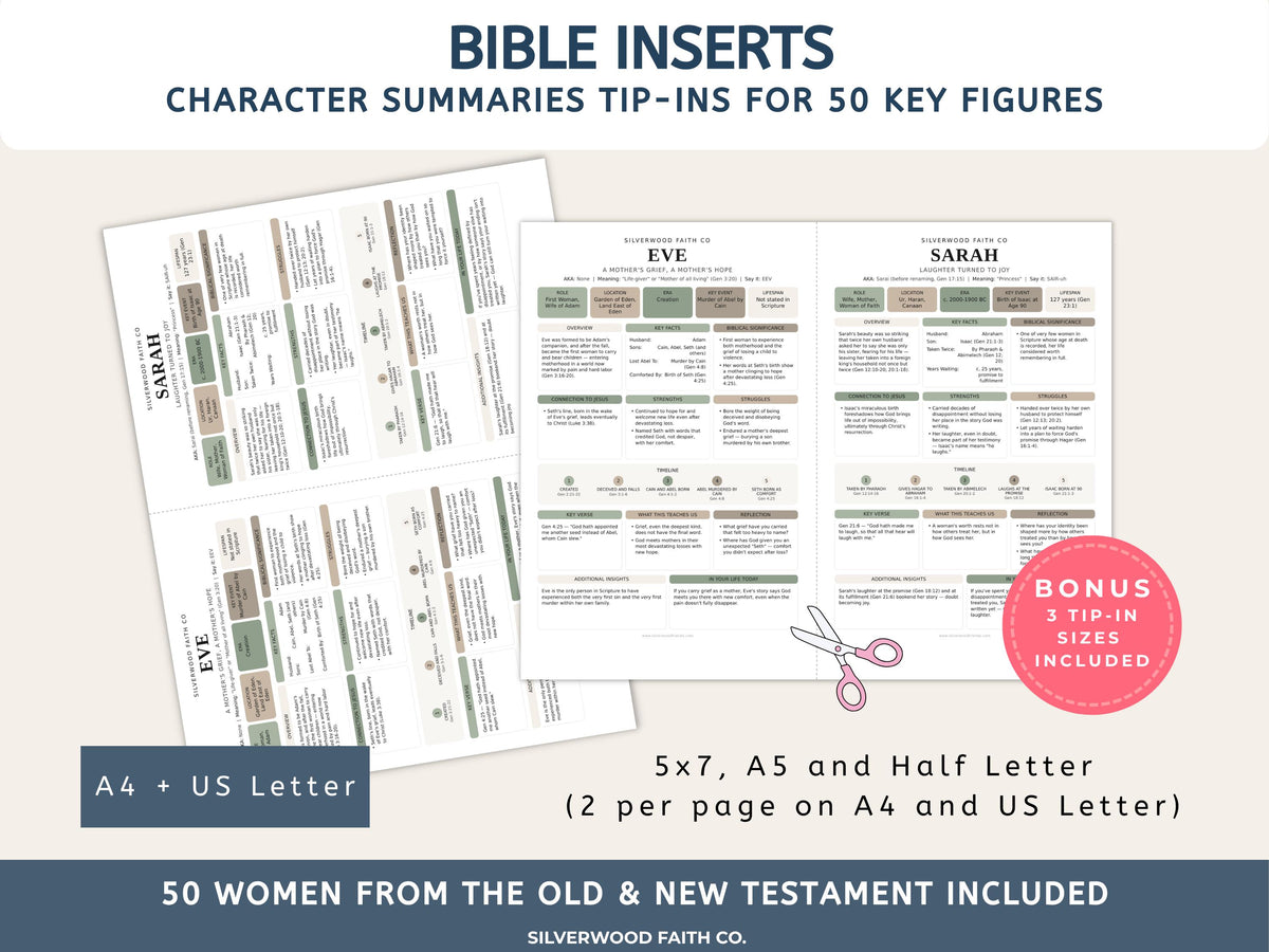 50 Women of the Bible Character Summary Inserts, Women of the Bible Tip Ins, Printable PDF, SAGE BOTANICAL (Digital Download) 520