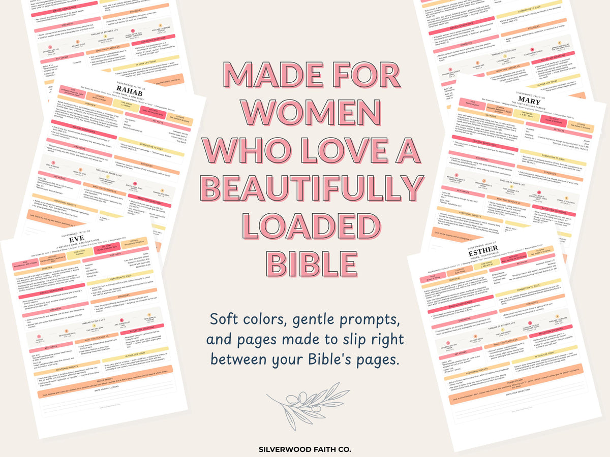 50 Women of the Bible Character Summary Inserts, Women of the Bible Tips Ins, Printable PDF, PINK MEADOW (Digital Download) 523