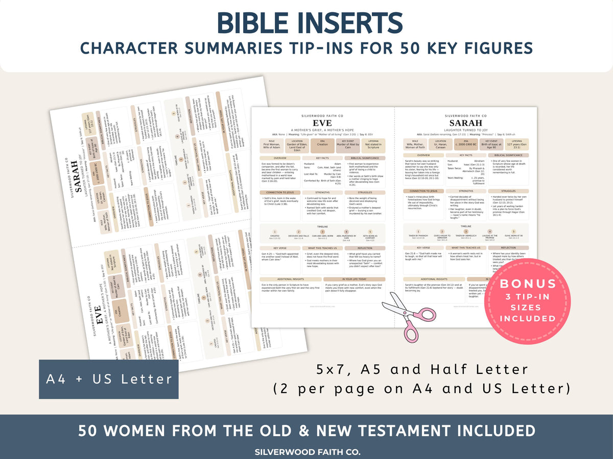 50 Women of the Bible Character Summaries Inserts, Women of the Bible Tip Ins, Printable PDF, CASHMERE FIELDS (Digital Download) 522