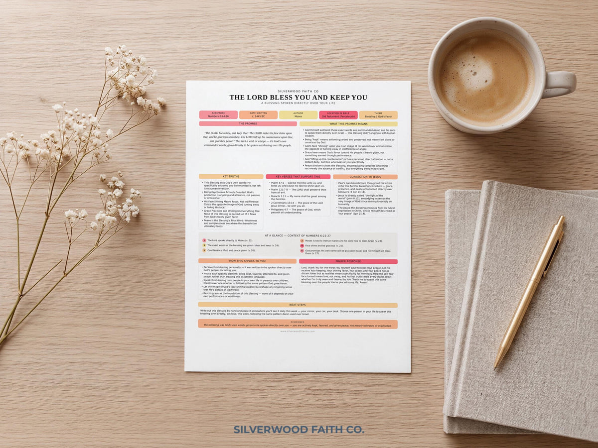 Scripture study worksheet printable art for quiet time — "The Lord Bless You and Keep You" devotional with blush pink and sage green color blocks
