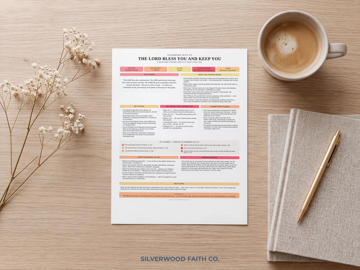 Scripture study worksheet printable art for quiet time — "The Lord Bless You and Keep You" devotional with blush pink and sage green color blocks