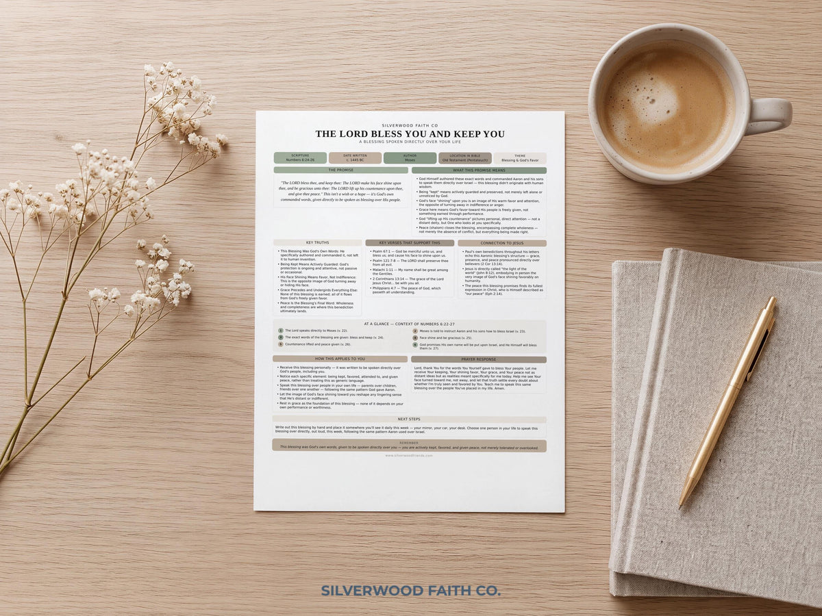 Christian prayer guide picture with scripture reflection — soft farmhouse design featuring blessed passage and study sections