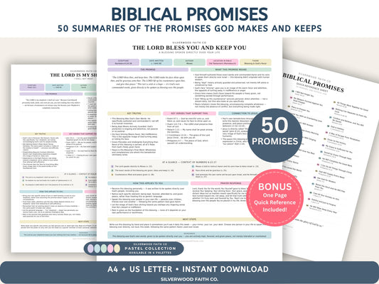Biblical Promises Summaries: 50 Promises that God Makes and Keeps, Gods Promises Worksheets, Printable PDF, PASTEL (Digital Download) 525