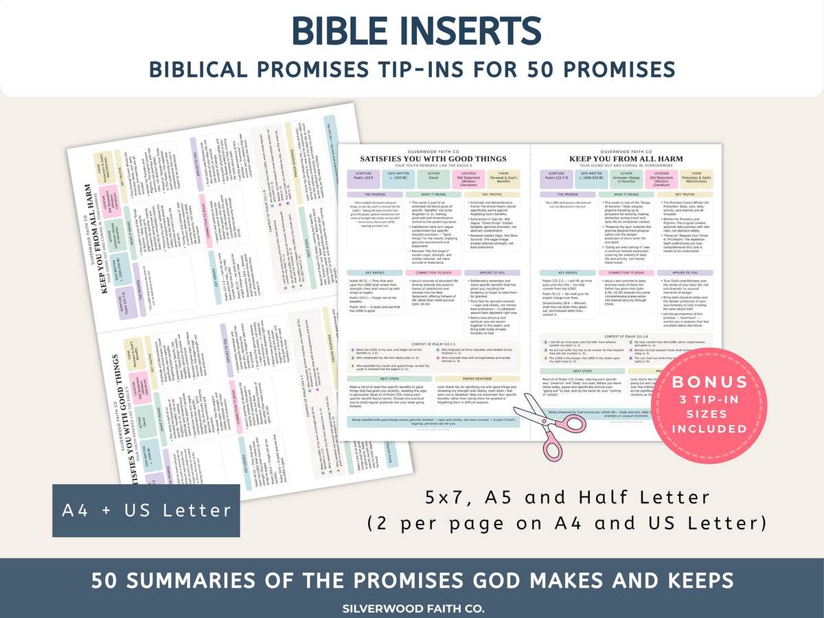 Bible Inserts Biblical Promises Summaries: 50 Promises that God Makes and Keeps, Gods Promises Bible Tip Ins, PASTEL (Digital Download) 525