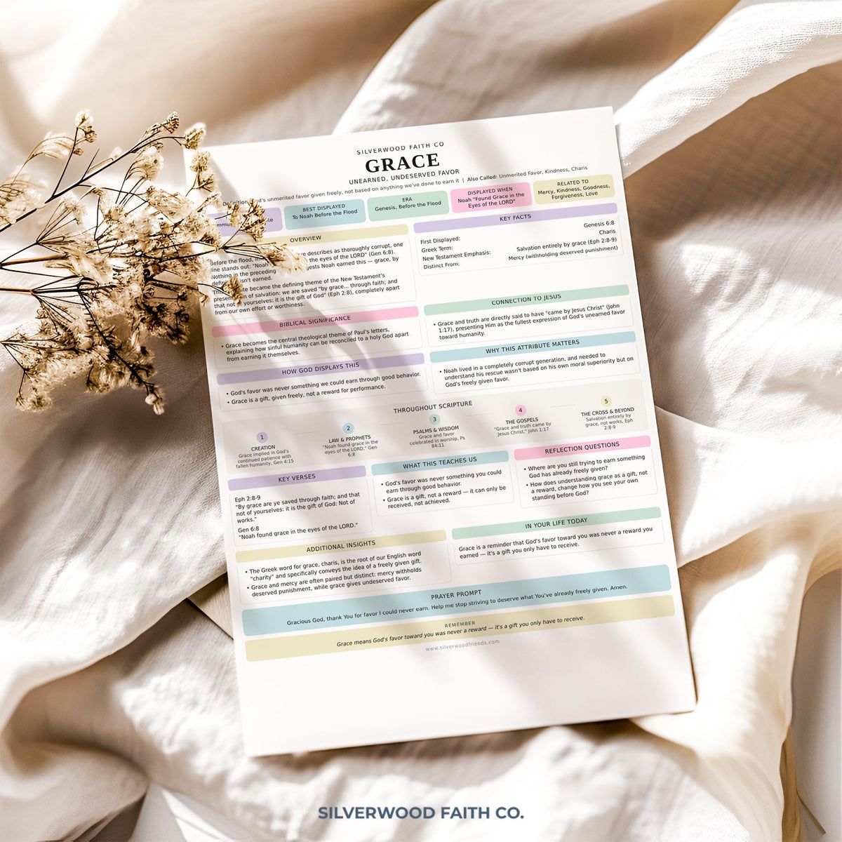 Grace theology printable poster for prayer room — feminine aesthetic with organized biblical content and soothing sage green accents