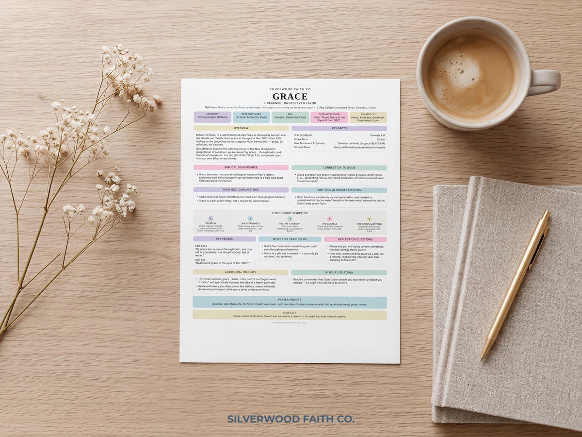 Spiritual devotional reference artwork — digital download featuring grace-themed passages with clean infographic styling and cottagecore charm