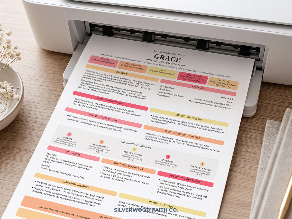 Grace-themed Scripture worksheet digital download — soft color palette with typographic devotional layout