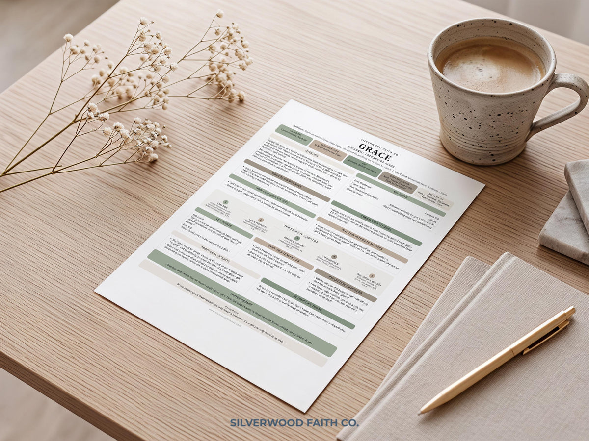 Grace biblical promises digital print featuring clean layout with reference sections and soothing botanical line work