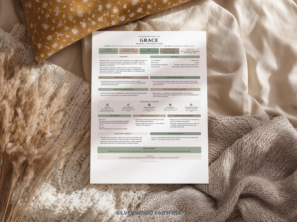 Scripture cards inspired wall art displaying grace attribute with soft typography and cottage-style botanical elements