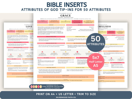 50 Attributes of God Bible Inserts, Characteristics of God Bible Tip Ins, Sunday School Printable PDF, PINK MEADOW (Digital Download)