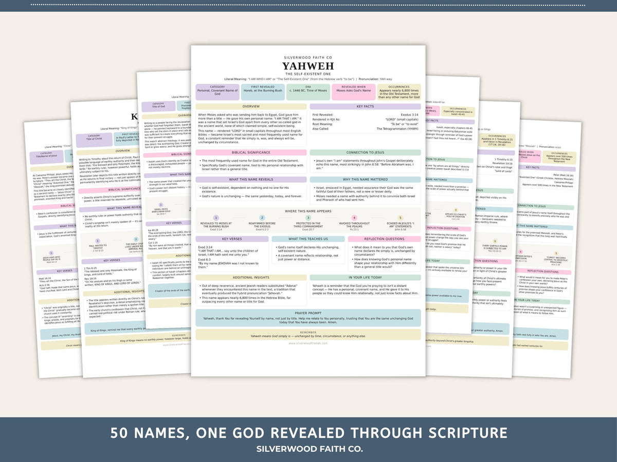 Religious study guide artwork printable for faith groups — comprehensive 50-title reference with gentle sage and blush palette and reflection spaces