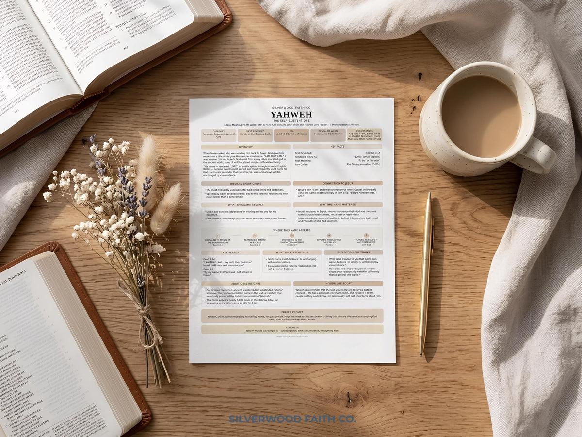 Scripture study guide wall poster featuring divine names — Yahweh educational design with application prompts and key verses highlighted