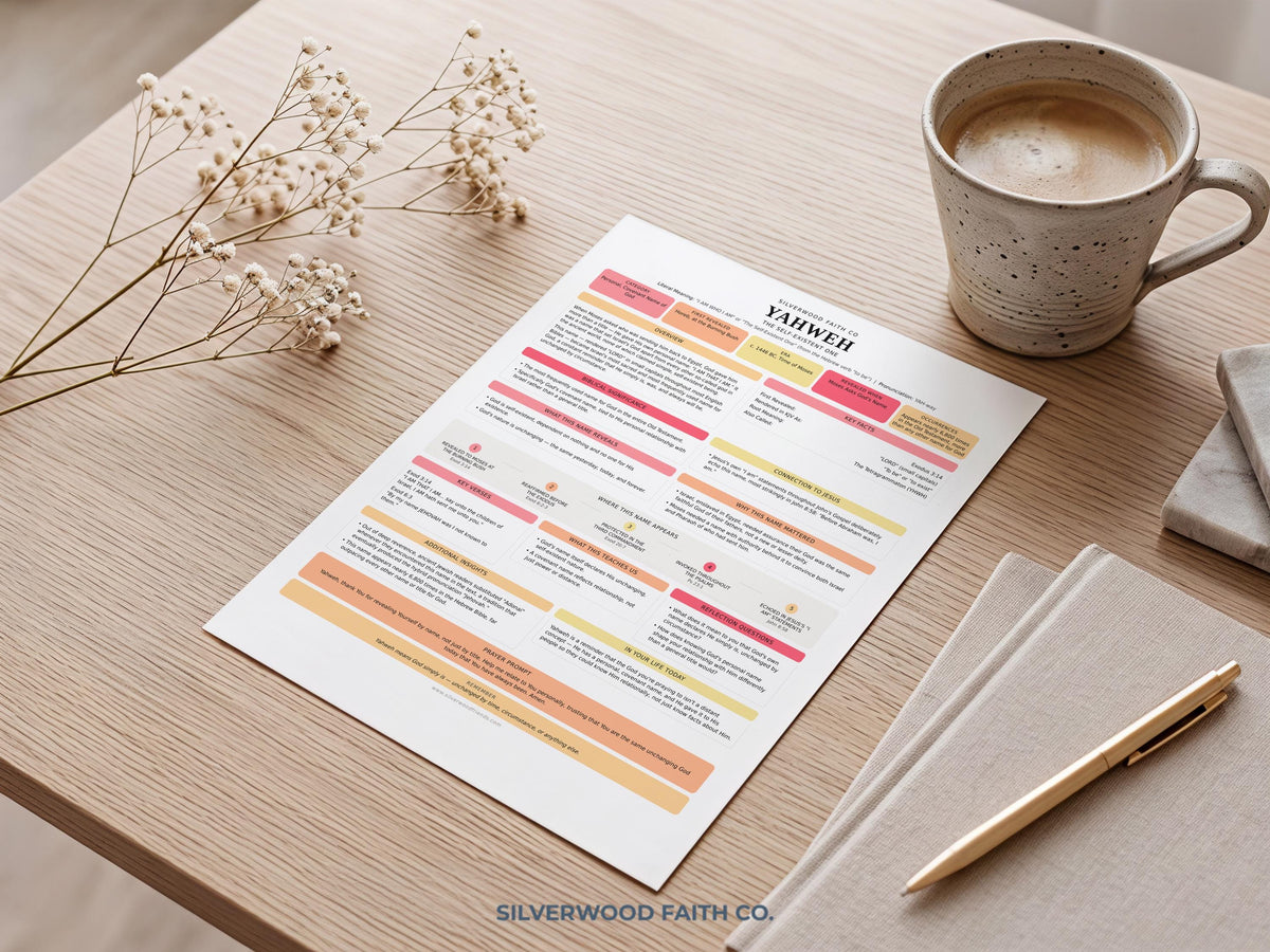 Yahweh Bible name study printable art for prayer room — pink and cream worksheet with spiritual significance sections